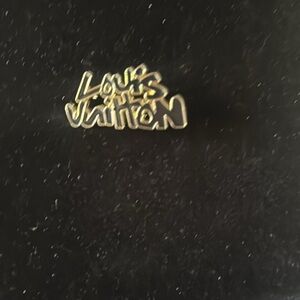 Louis Vuitton Gold tone black enamel Script Logo Pin signed on back